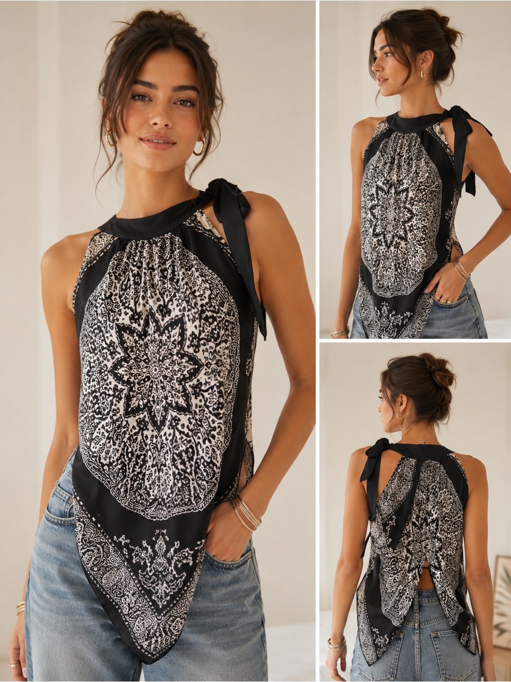Backstage Black White Bandana Print Handkerchief Halter Tank Top Boho Indie